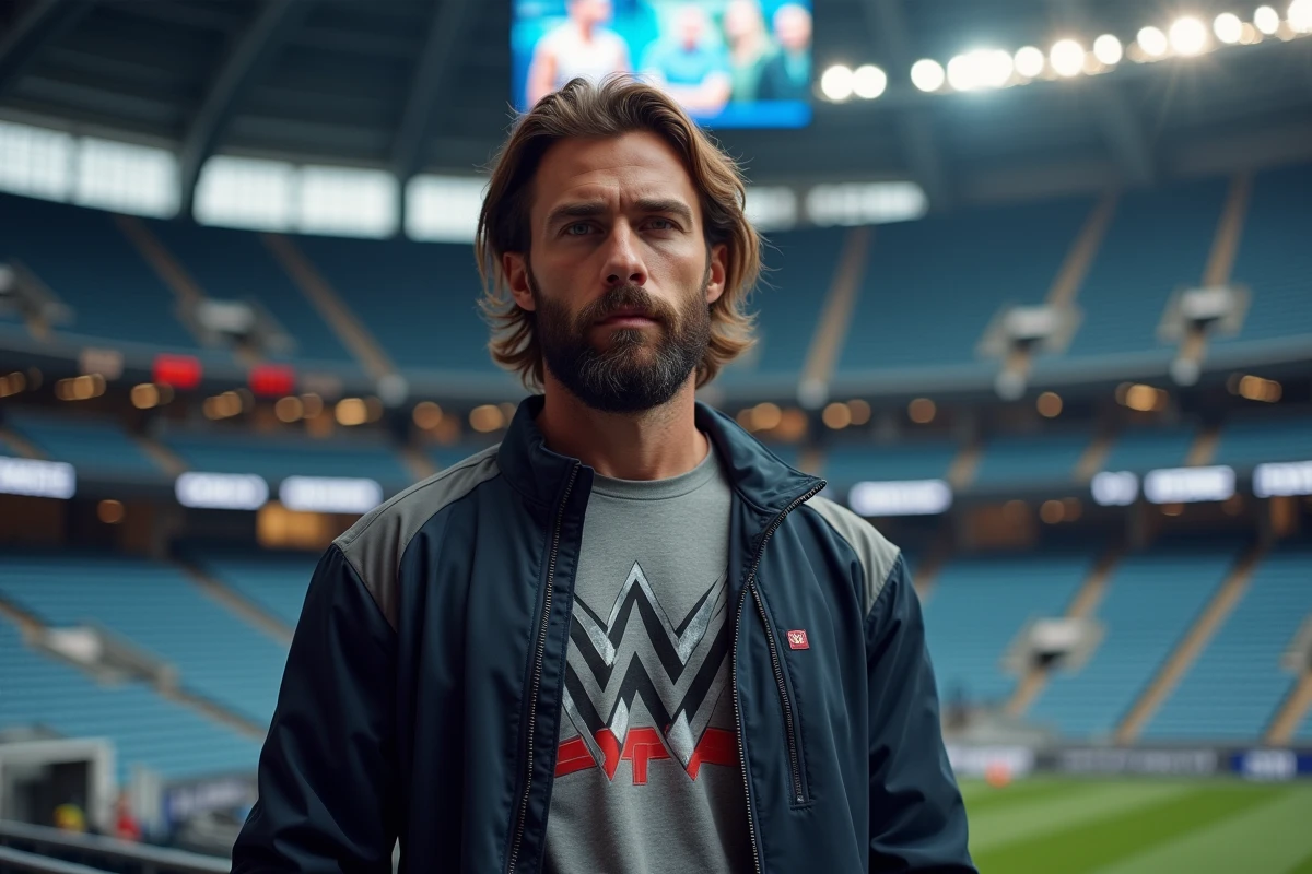 Homme musclé dans une arène de lutte avec ambiance anticipation