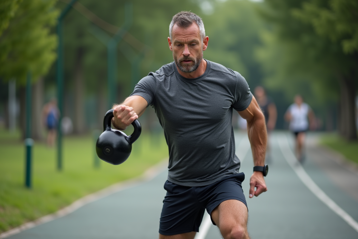 Homme musclé effectuant un swing de kettlebell en extérieur