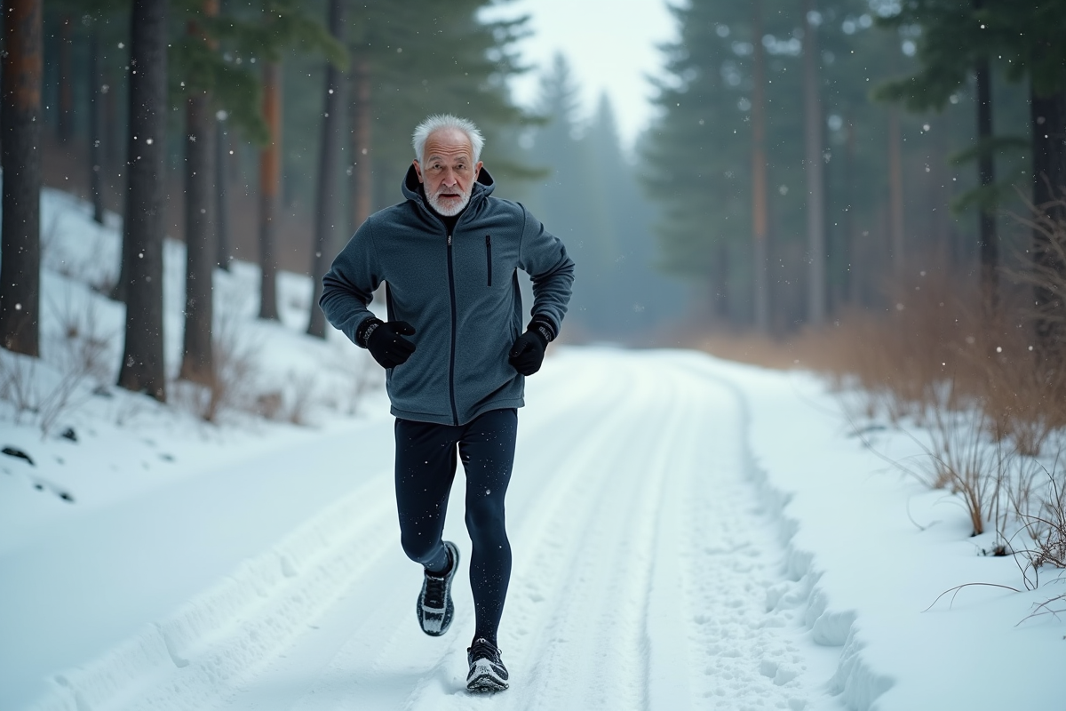 Homme âgé courant sur un sentier enneigé en forêt