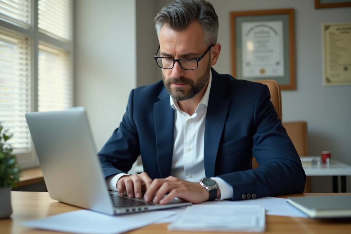 Homme d'âge moyen travaillant sur son ordinateur dans un bureau à domicile