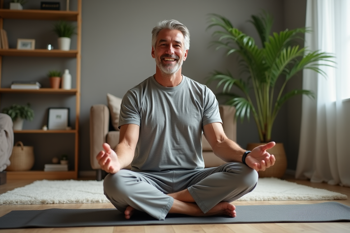 Homme en vêtements confortables assis sur un tapis de yoga dans un salon cosy