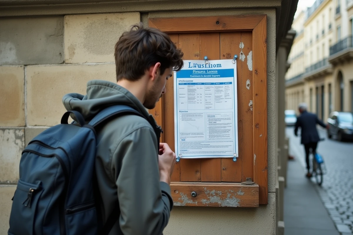 Jeune homme consultant les horaires affichés à l'entrée de la piscine de la Butte aux Cailles à Paris