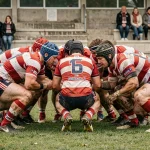 Joueurs de rugby en cercle tactique sur le terrain lors d'un match de Fédérale 2 Poule 4, maillots rayés rouge et blanc boueux, stade de province en arrière-plan