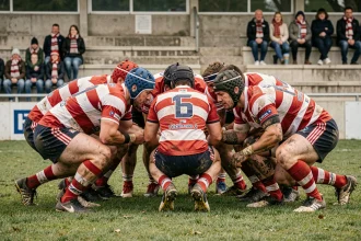 Joueurs de rugby en cercle tactique sur le terrain lors d'un match de Fédérale 2 Poule 4, maillots rayés rouge et blanc boueux, stade de province en arrière-plan