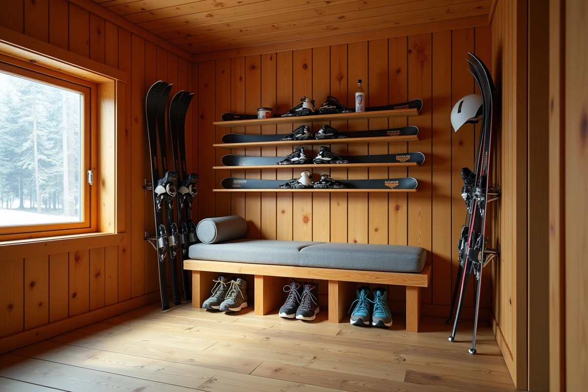 Intérieur d'un chalet de sport en bois avec rangement d'équipements de montagne
