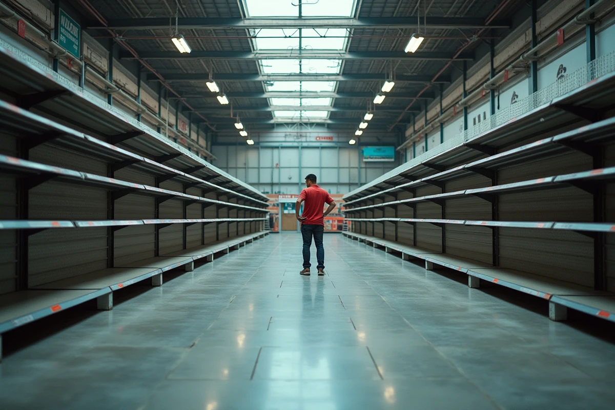 Intérieur vide d'un magasin de sport après liquidation totale, rayonnages métalliques désertés et employé contemplant les étagères vides lors de la fermeture définitive