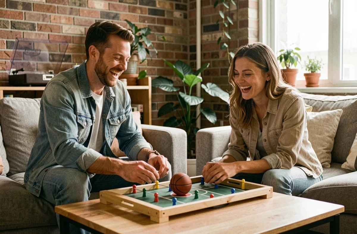 Deux amis jouant à un jeu de mini basket de table dans un salon d'appartement, ambiance détendue et silencieuse pour ne pas déranger les voisins