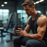 Jeune homme musclé lisant une bouteille de whey dans la salle