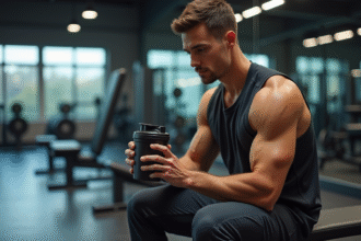 Jeune homme musclé lisant une bouteille de whey dans la salle