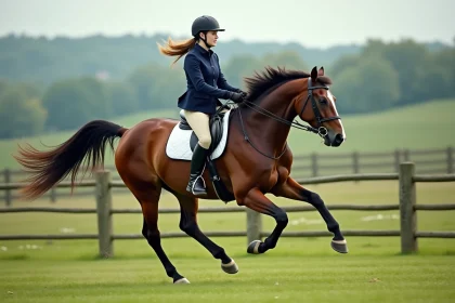 Jeune cavalière en pleine course dans un champ verdoyant