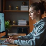 Jeune femme concentrée sur son ordinateur dans un bureau judo