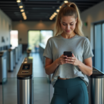 Jeune femme sportive utilisant son smartphone devant une salle de sport