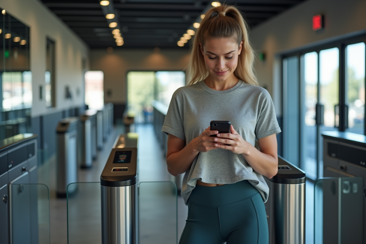 Jeune femme sportive utilisant son smartphone devant une salle de sport
