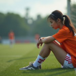 Jeune fille en tenue sportive assise sur le terrain de football
