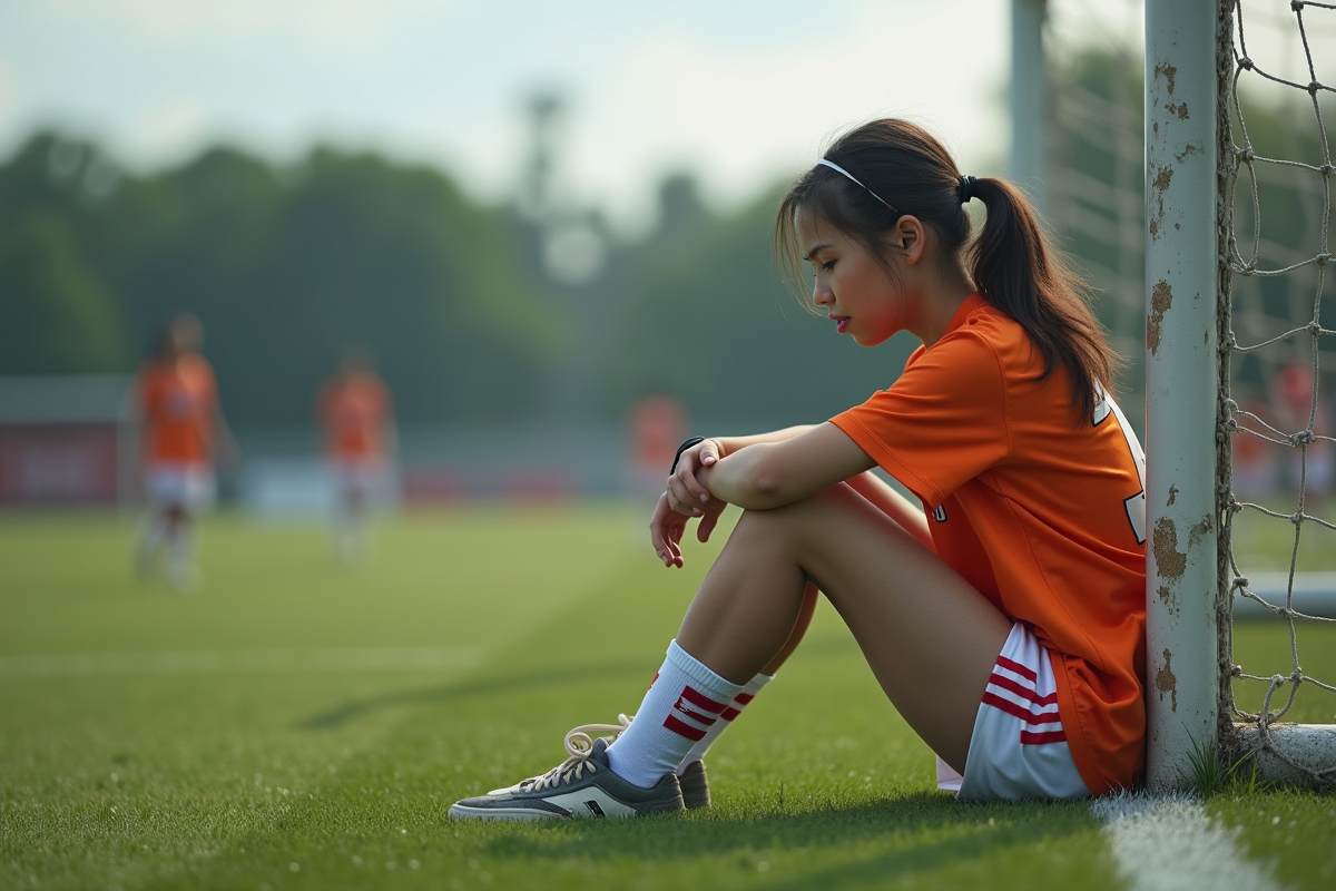 Jeune fille en tenue sportive assise sur le terrain de football