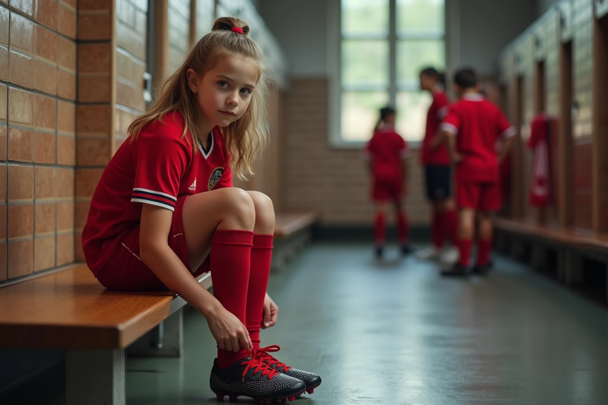 Jeune fille de 10 ans attache ses lacets dans le vestiaire