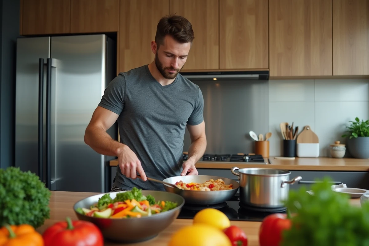 Jeune homme préparant un stirfry dans une cuisine moderne