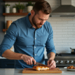 Jeune homme en cuisine coupant du poulet grillé