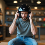 Jeune homme ajustant son casque moto en boutique