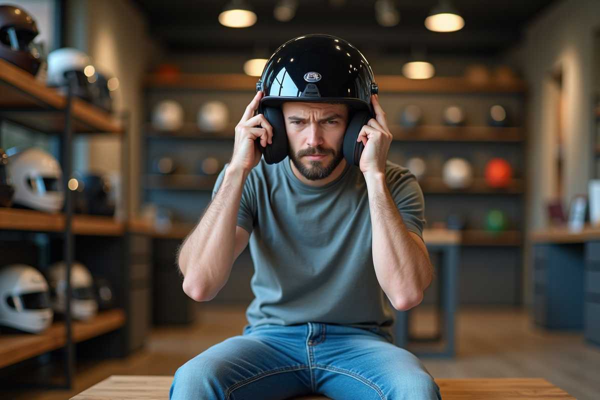 Jeune homme ajustant son casque moto en boutique