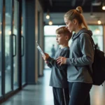 Adolescent et mère regardant une affiche dans une salle de sport moderne