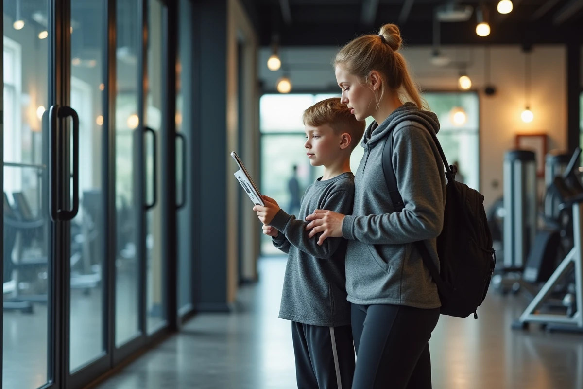 Adolescent et mère regardant une affiche dans une salle de sport moderne