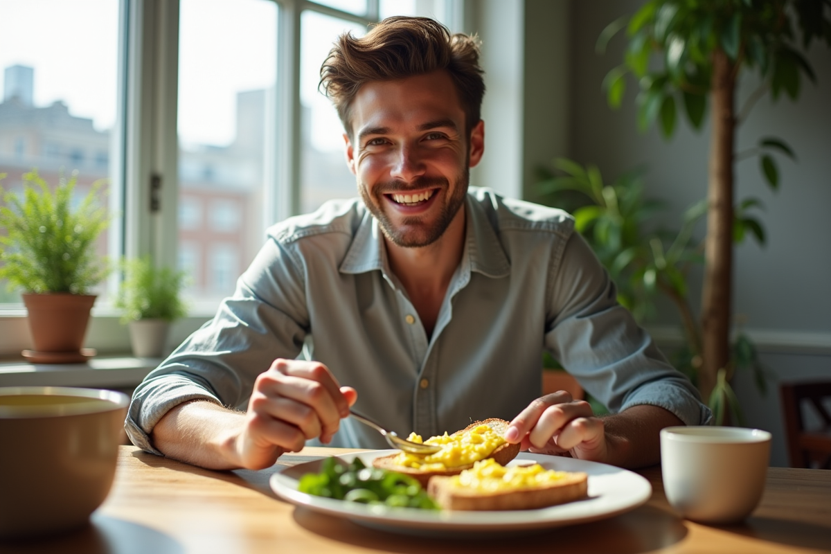 Jeune homme dégustant un omelette à l