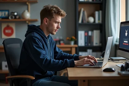Jeune homme en hoodie regardant un écran d'ordinateur avec erreur de login