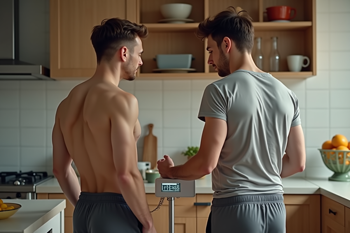 Jeune homme vérifiant son poids dans une cuisine moderne