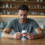 Jeune homme lisant une étiquette de creatine à la maison