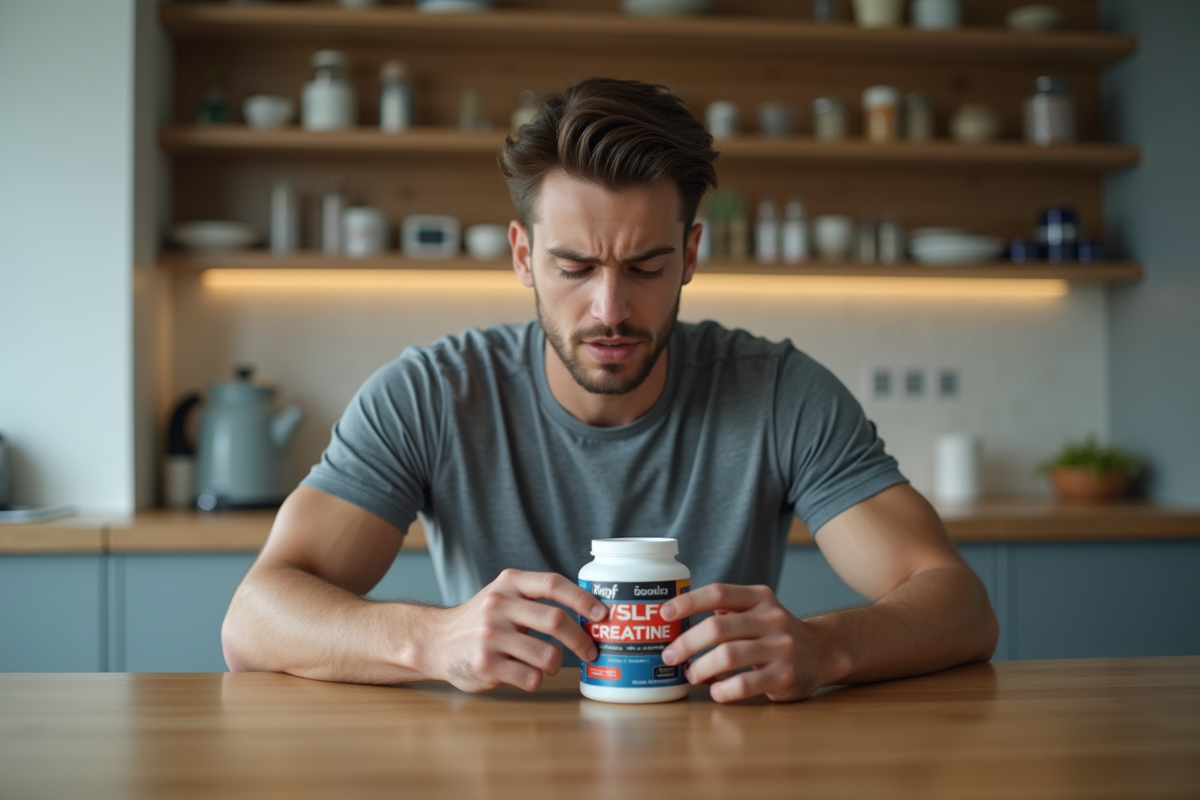 Jeune homme lisant une étiquette de creatine à la maison