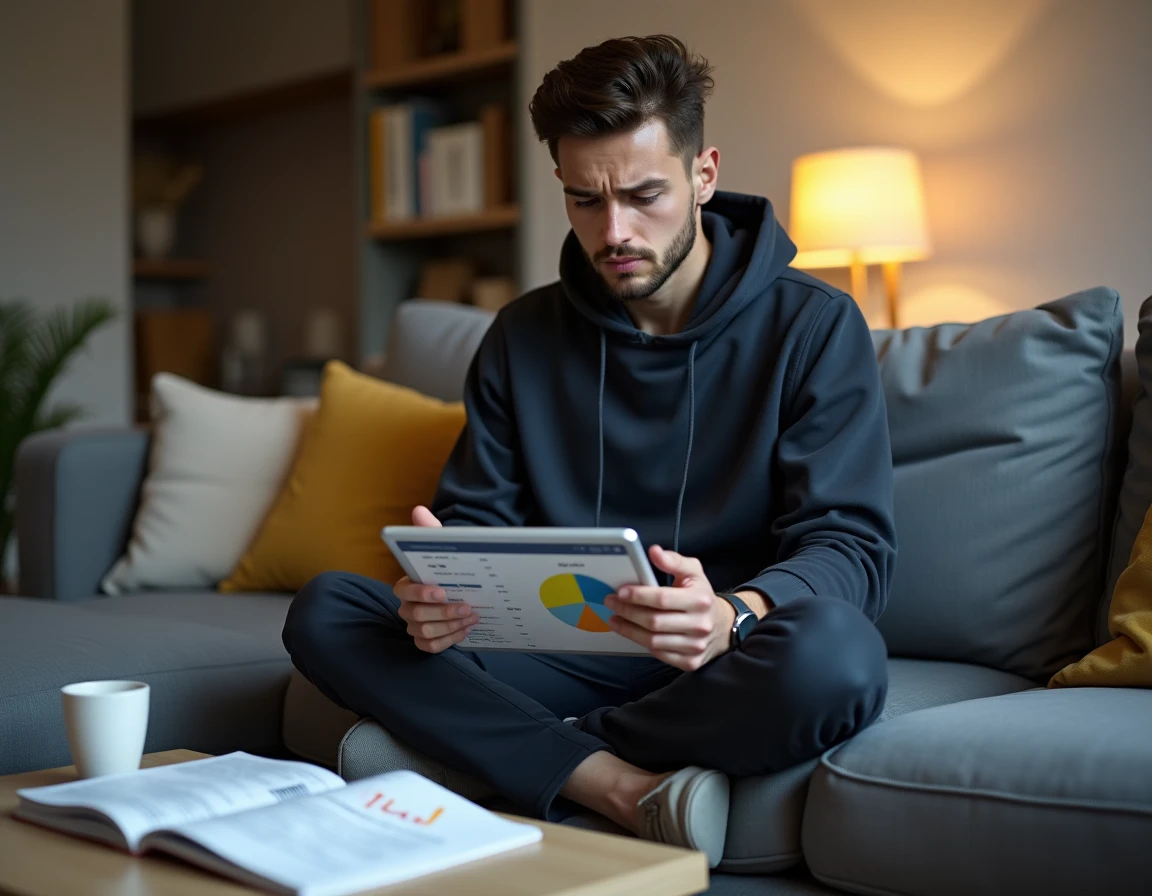 Jeune homme débutant en investissement scrutant une application de gestion financière sur tablette avec une expression perplexe
