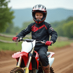 Jeune garçon en tenue motocross souriant face à la caméra