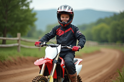Jeune garçon en tenue motocross souriant face à la caméra