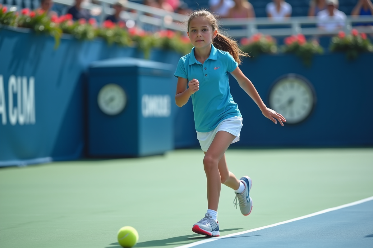 Jeune ramasseuse de balle sur court dur en action