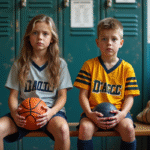 Jeune fille et garçon en uniformes sportifs dans vestiaire scolaire