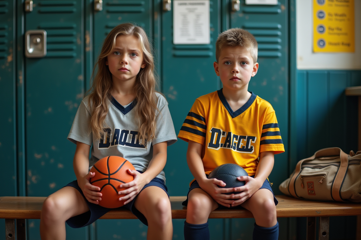 Jeune fille et garçon en uniformes sportifs dans vestiaire scolaire
