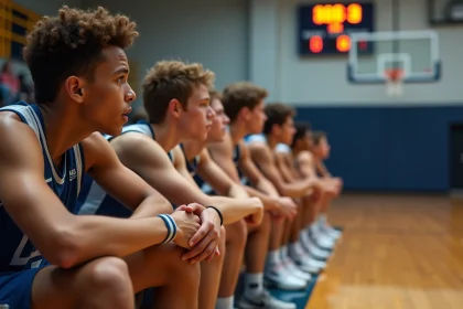 Groupe de jeunes joueurs de basketball en overtime