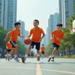Jeunes chinois jouant au basketball en plein air dans un parc urbain