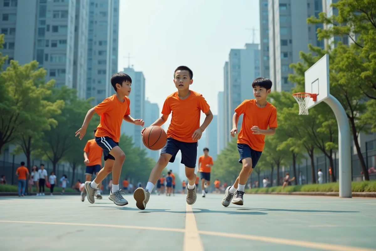 Jeunes chinois jouant au basketball en plein air dans un parc urbain