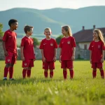 Groupe de jeunes footballeurs dans un village rural français