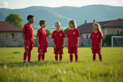 Groupe de jeunes footballeurs dans un village rural français