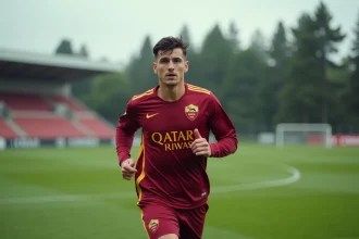 Joueur de l'AS Roma en entraînement sur le terrain d'entraînement officiel du club lors de la saison 2026