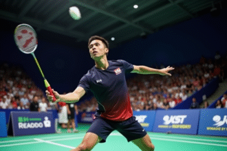Joueur de badminton français en pleine action lors d'un match international