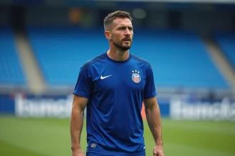 Joueur de football du FC Porto en maillot bleu et blanc lors d'une séance d'entraînement sur la pelouse du stade