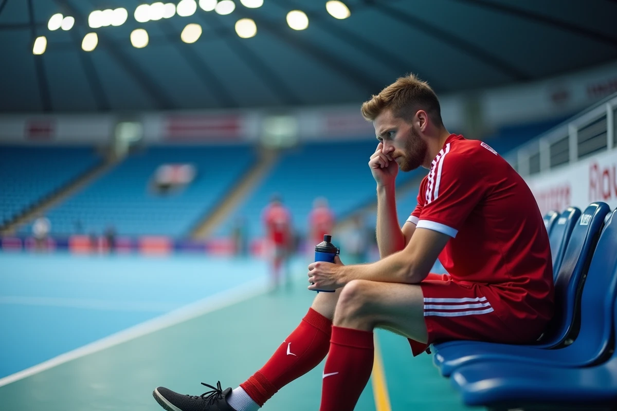 Joueur de handball danois assis pensif sur le banc