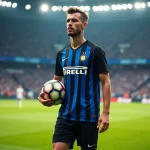 Joueur de l'Inter Milan en tenue rayée noir et bleu sur la pelouse du stade lors d'un match de Ligue des champions 2026