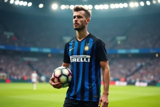 Joueur de l'Inter Milan en tenue rayée noir et bleu sur la pelouse du stade lors d'un match de Ligue des champions 2026