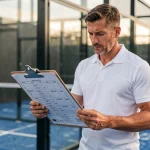 Joueur de padel masculin étudiant le tableau de compétition d'un tournoi Point P500 sur un terrain extérieur avec vitre et gazon artificiel bleu