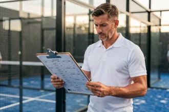 Joueur de padel masculin étudiant le tableau de compétition d'un tournoi Point P500 sur un terrain extérieur avec vitre et gazon artificiel bleu